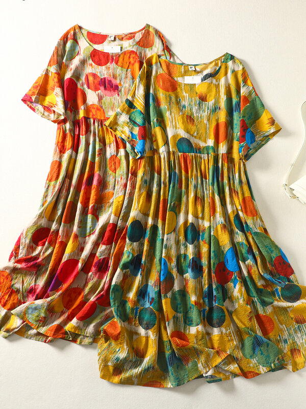 여성용 플러스 사이즈 폴카 도트 여름 드레스, 2023 코튼 숙녀 드레스, 보호 비치, 루즈 캐주얼, 오버사이즈 긴 여성 드레스