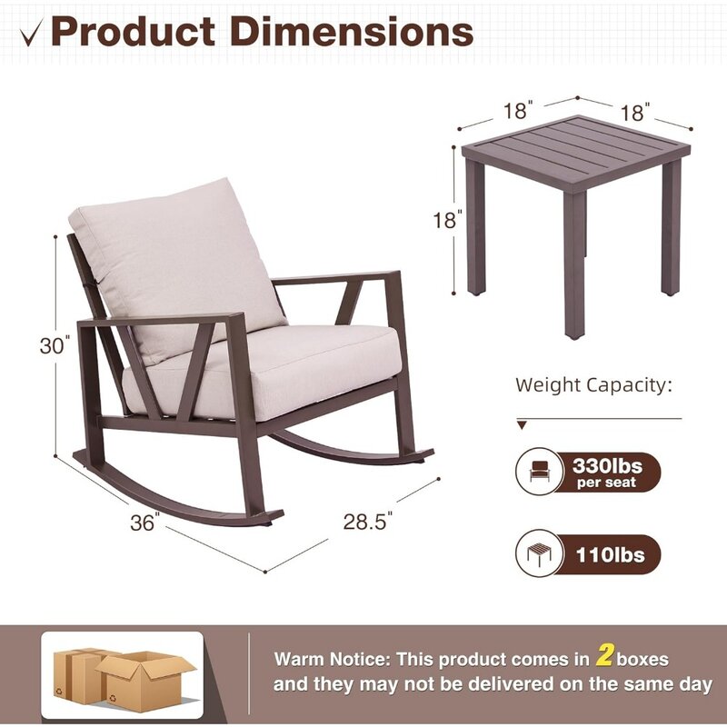 Уличные кресла-качалки для патио, набор из 2 предметов с кофейным столиком, комплект металлической мебели для патио из 3 предметов