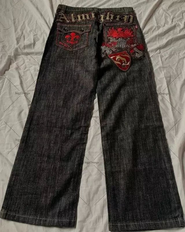 Patchworkowe litery haftowane dżinsy męskie gotycki Harajuku dżinsy z szeroką nogawką mody y2k retro casual spodnie amerykańskie główna ulica