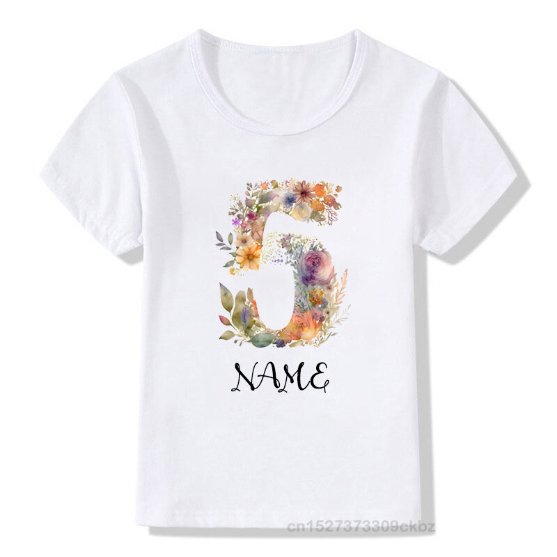DIY Name Peony 1-9 Birthday Number Design Printed Children's T-shirt Girl Summer Colorful Short sleeved Top