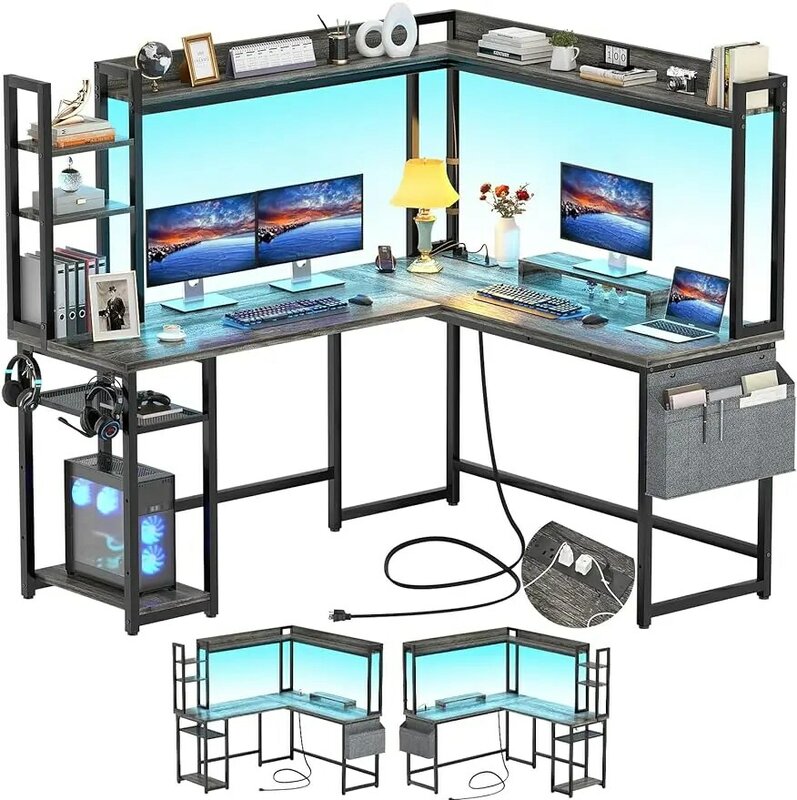 مكتب ألعاب على شكل حرف L مع منفذ طاقة ، إضاءة ليد وقفص ، مكتب منزلي قابل للعكس ، كمبيوتر زاوية