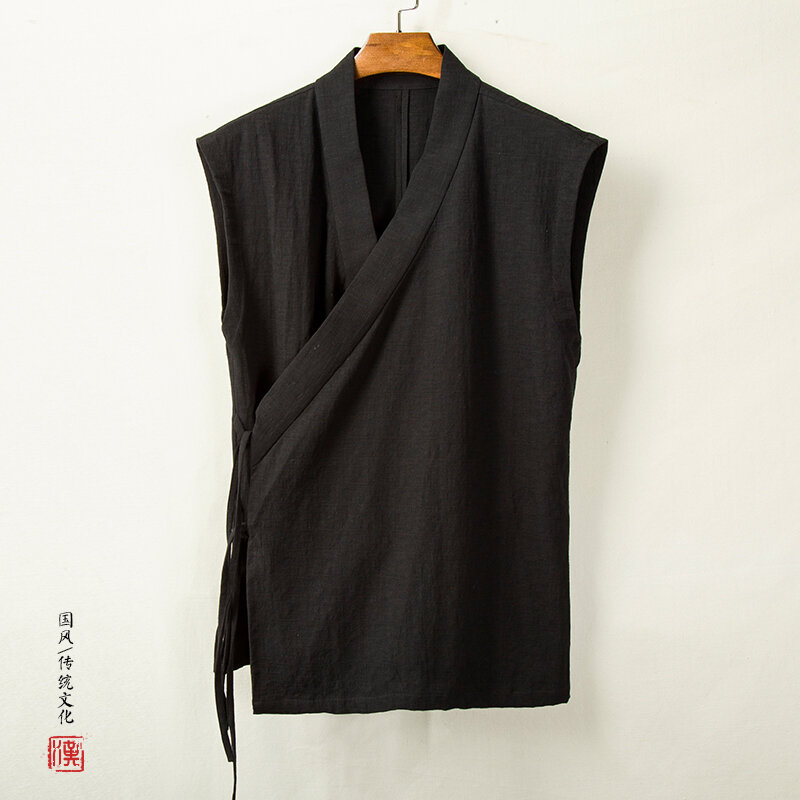 Trung Quốc Quần Áo Truyền Thống Hanfu Vest Nam Cotton Linen Không Tay Nam Đường Phù Hợp Với Áo Khoác Cardigan Kimono Nam Xẻ Top