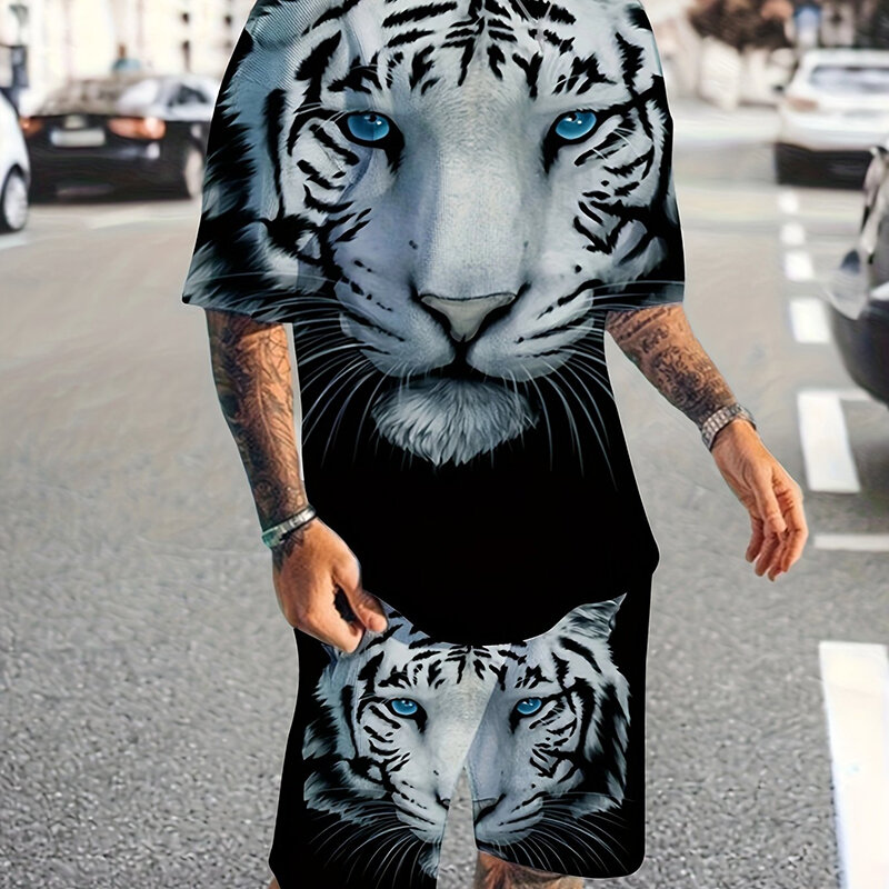 2024 New Men's Sports Running Suit Oversized Men's Top Y2K Style Summer Casual Breathable Fresh Shorts Printed 3D Tiger Pattern