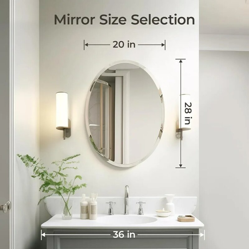กระจกติดผนังทรงรีไร้กรอบขนาด20 "X 28" สำหรับห้องน้ำ/โต๊ะเครื่องแป้งขอบเอียงดูเรียบง่ายและสง่างาม