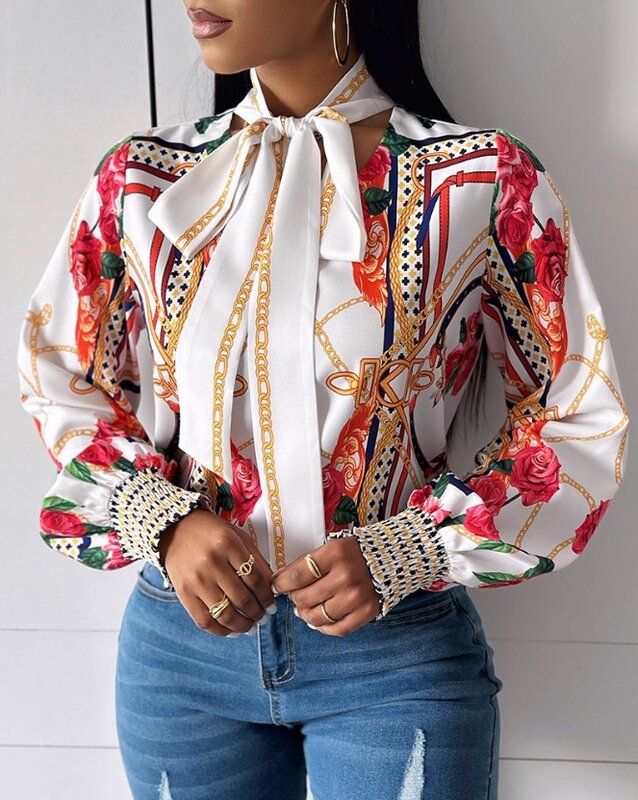 Elegancka bluzka dla kobiet 2024 wiosna lato wydruk całościowy muszka sznurowana szalik kwiatowy nadruk koszulka z lampionowymi rękawami bluzka typu Oversized