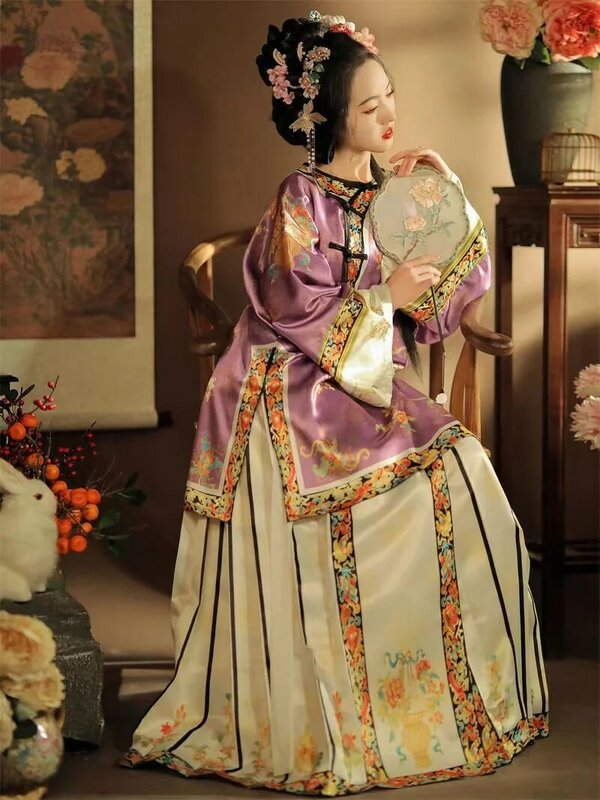 Hanfu wanita Dinasti Qing asli kerah miring klasik cetakan leher bulat kostum anak perempuan Han gaya istana rok wajah kuda
