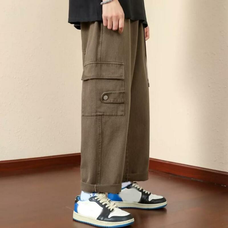 Men Retro Trousers Vintage Loose Men's Cargo Pants with Elastic Waist Multi Pockets Strap Decor Soft Breathable for Daily