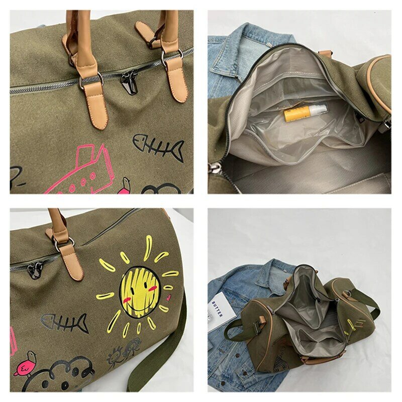 Tiptoegirls Cartoon Print Canvas Travel Bag Para Mulheres Weekend Outdoor Party Bag Grande Sport Gym Shoulder Bag Seco Wet Separação