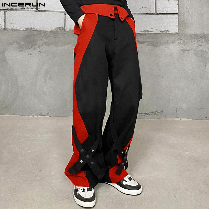 INCERUN 2024 мужские брюки в Корейском стиле, лоскутные брюки с перекрестным дизайном, Повседневная Уличная одежда, длинные брюки контрастного цвета