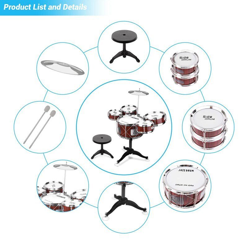 Kids Drum Set Musical Toy Drum Kit for Toddlers Jazz Drum Set with Stool, 2 Drum Sticks, Cymbal and 5 Drums Musical Instruments