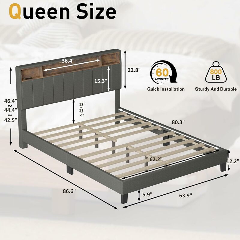 Zagłówek do przechowywania, wyściełana rama łóżka typu queen-size z wbudowaną stacją ładującą i diodą LED, bezszumowe/podparcie drewniane/bez potrzeby stosowania sprężyny skrzynkowej