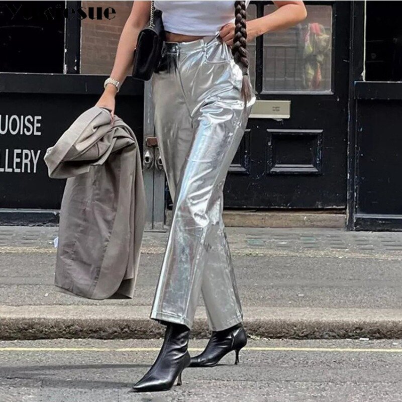 Hot Selling Products 2024 Fall Spring High Waist Women Candy Color Flare Pants Pu Leather Y2K Pants For Women trousers
