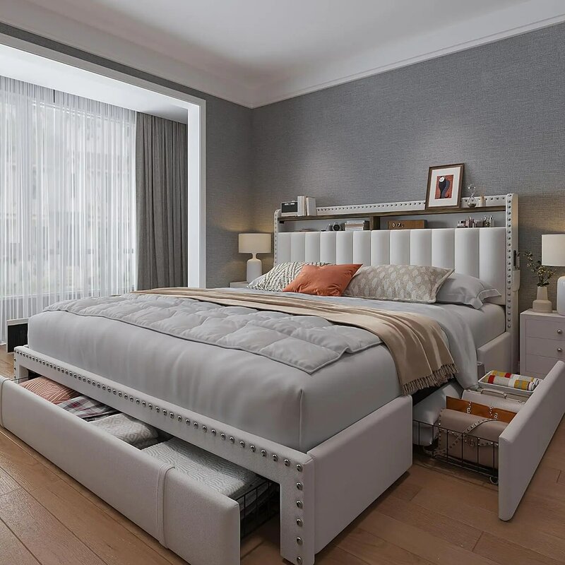 Quadro de cama com 3 gavetas, estofados queen, king e full size cama, cabeceira e armazenamento, no-noise, fácil montagem