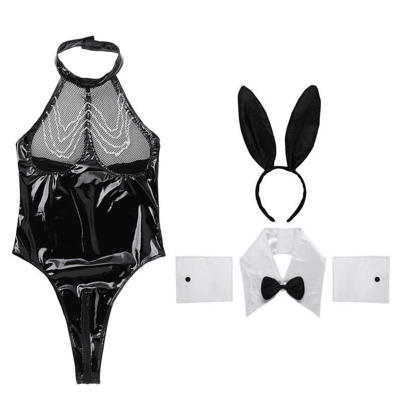 Womens Sexy Bunny Girl Cosplay Costume Patent Leather Halter Neck Sheer Mesh Chest Rabbit Ears Zipper Crotch Bodysuit Set