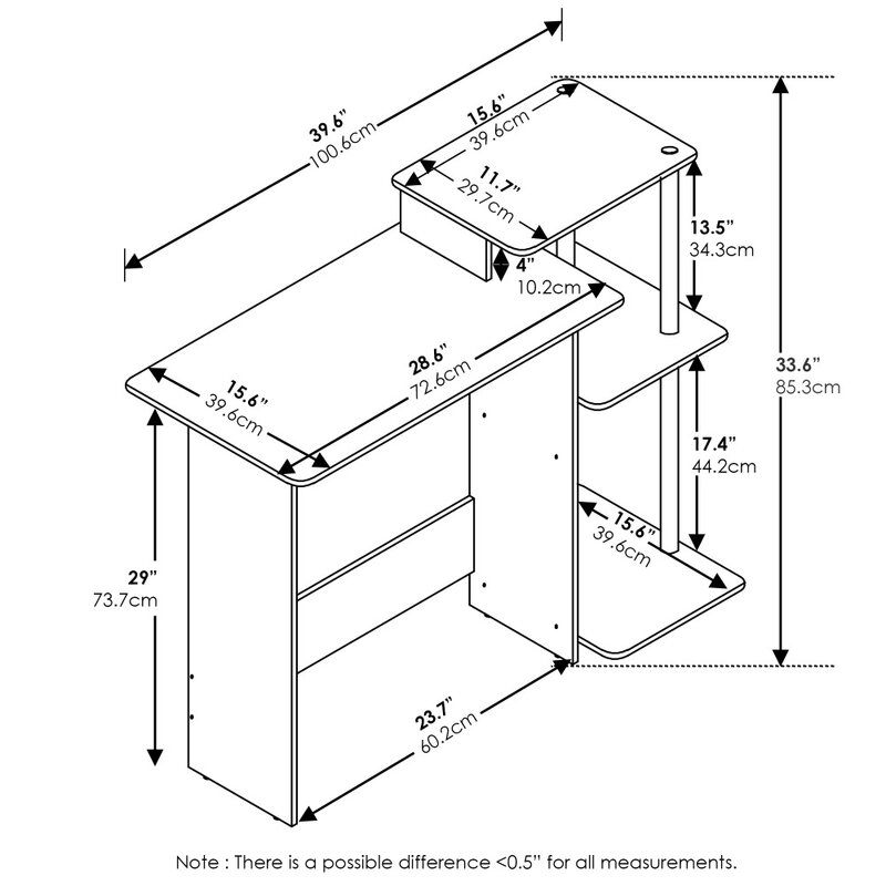 Bureau d'ordinateur portable en bois composite, table efficace pour la maison, chêne français, noir, 15.6 po x 39.6 po x 33.6 po