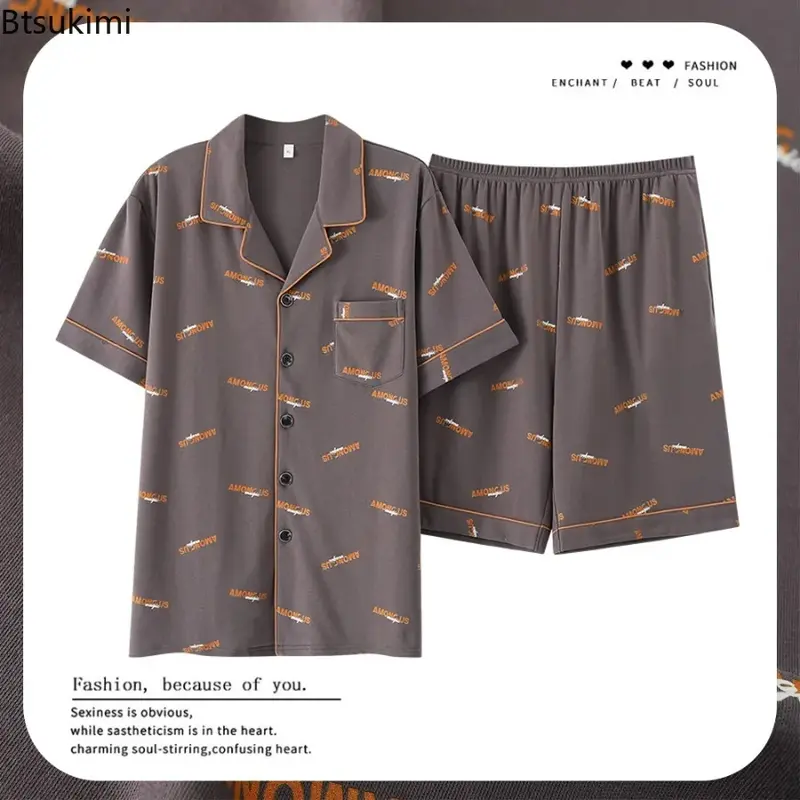New 2024 Men's Summer Casual Sleepwear Pajama Sets Cotton Short Sleeved Night Clothing Pyjamas Suit Male Loose Home-wear Sets
