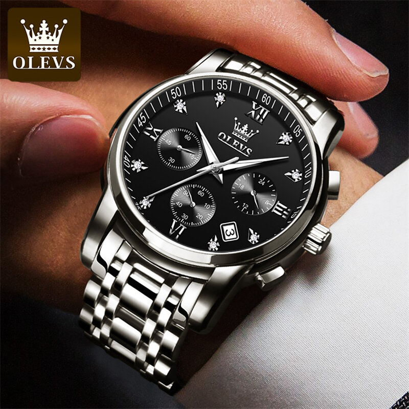 ساعة يد OLEVS للرجال مقاومة للماء من الفولاذ المقاوم للصدأ ، ساعة كوارتز ، كرونوغراف رياضي ، ساعات فاخرة ، علامة تجارية مشهورة