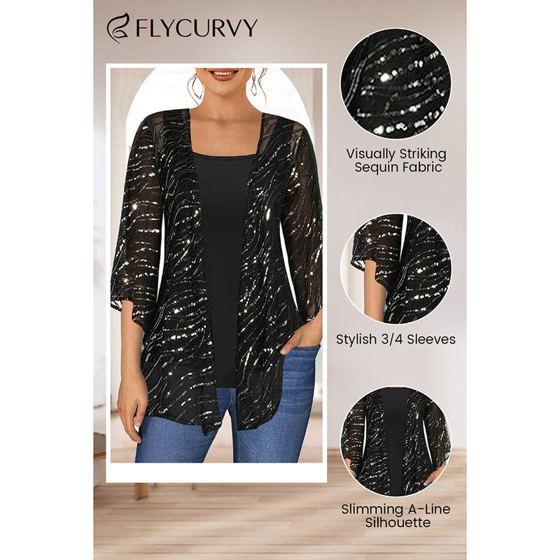 Plus Size Dressy Black Sparkly Sequin 3/4 Sleeve Two Pieces Blouse