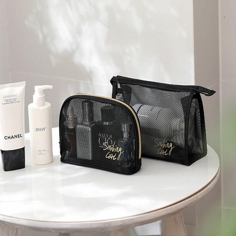 Tas kosmetik jaring portabel tas Makeup tas kosmetik wanita kantung jaring ritsleting tas penyimpanan perjalanan kantung perlengkapan mandi kantong Makeup