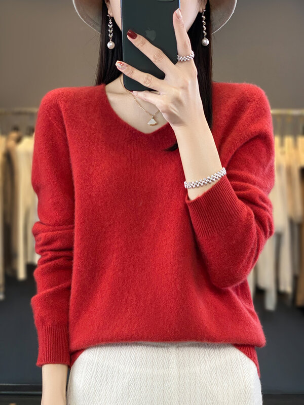 Aliselect Fashion 100% Merino Wool Women Sweater V-Neck Long Sleeve Basic Jumper Spring Autumn Winter Clothing Knitwear Tops