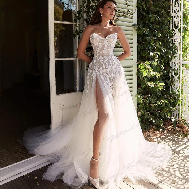 Gaun pengantin wanita, ilusi seksi, gaun pengantin putri duyung, renda applique tanpa lengan, celah tinggi sederhana untuk wanita
