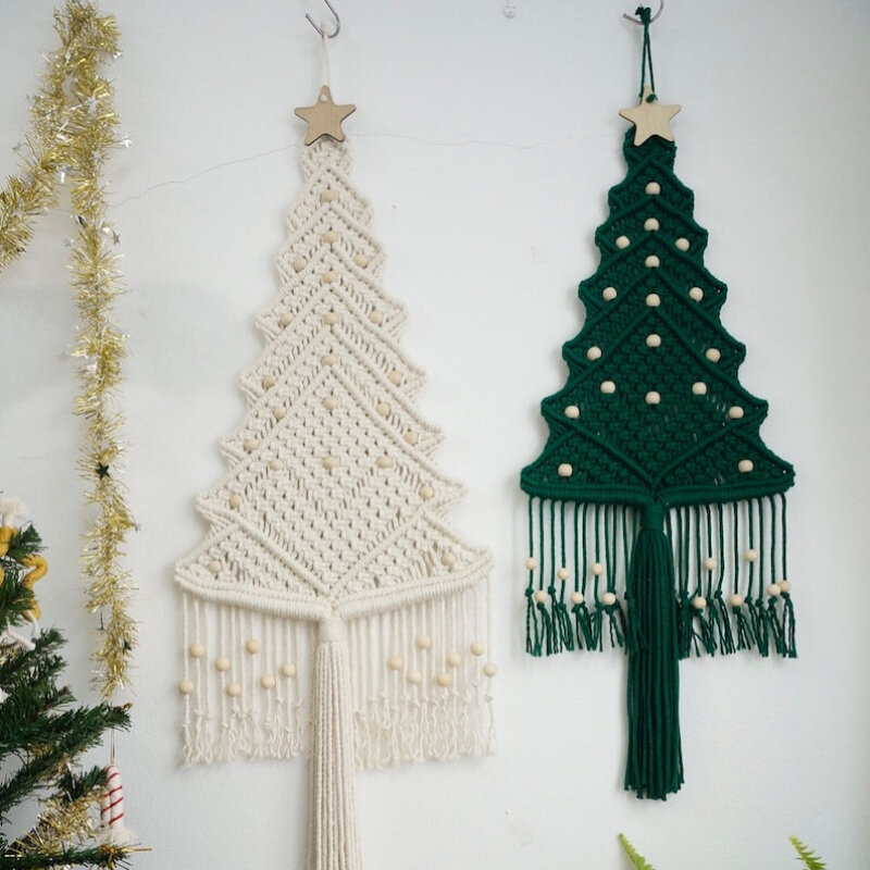 Árbol de Navidad de macramé con estrella de pino, colgante de pared, decoración de vacaciones de Navidad, granja, árbol de Navidad