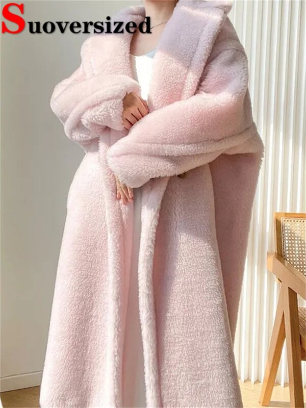 Jaket berbulu panjang longgar mewah mantel bulu imitasi Teddy hangat dipertebal untuk wanita musim dingin mewah Casaco kualitas tinggi Korea elegan