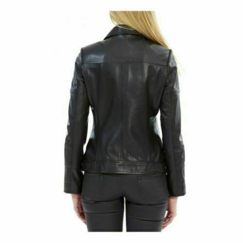 Preto feminino elegante couro pele de cordeiro genuíno real motocicleta jaqueta ajuste fino