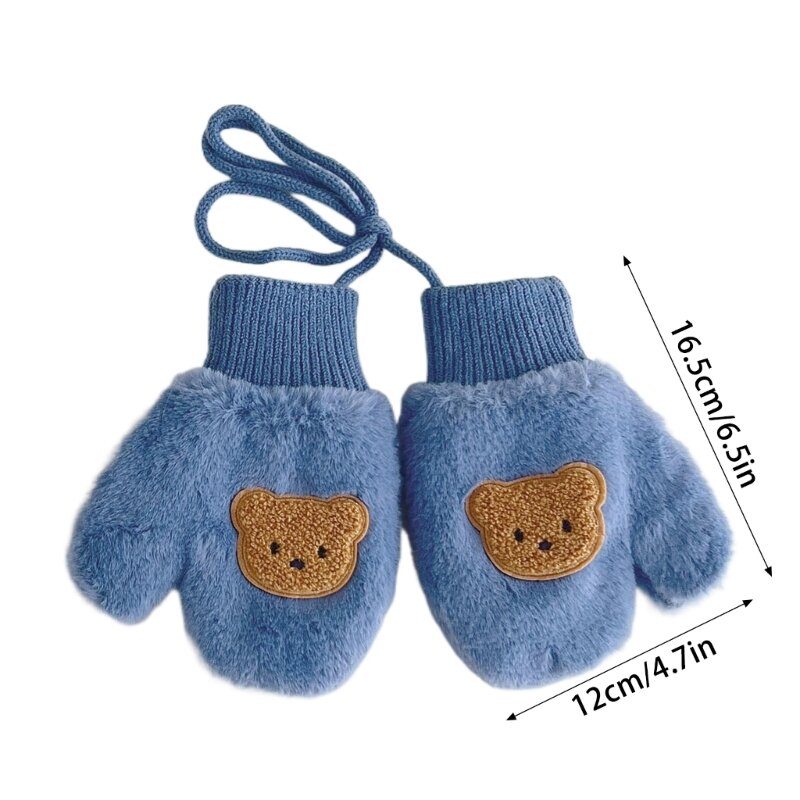 Mitaines antidérapantes pour bébé, gants chauds d'hiver, ours dessin animé, mitaine épaisse avec corde QX2D