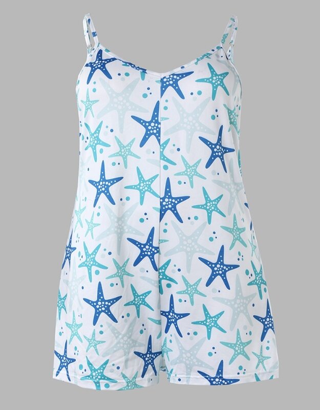 New Starfish Printed Spaghetti Shoulder Straps Sleep Jumpsuit Suspender V-Neck Sleeveless Backless Women's Short Skirt