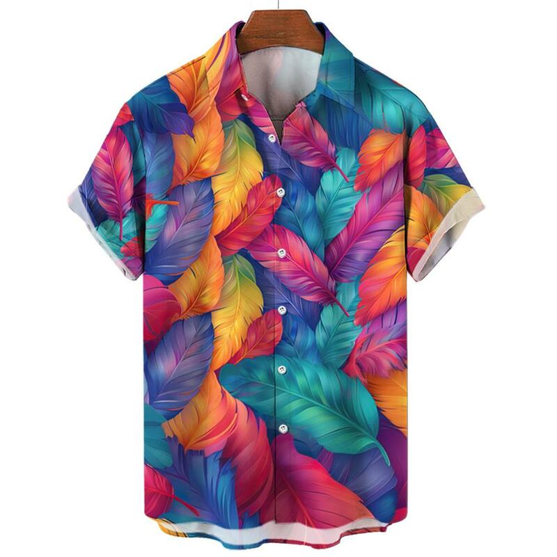 Summer Hawaiian Shirts Casual Men's Shirts Feather Print Shirts for Men Lapel Short Sleeve Men's Clothing Loose Aloha shirts