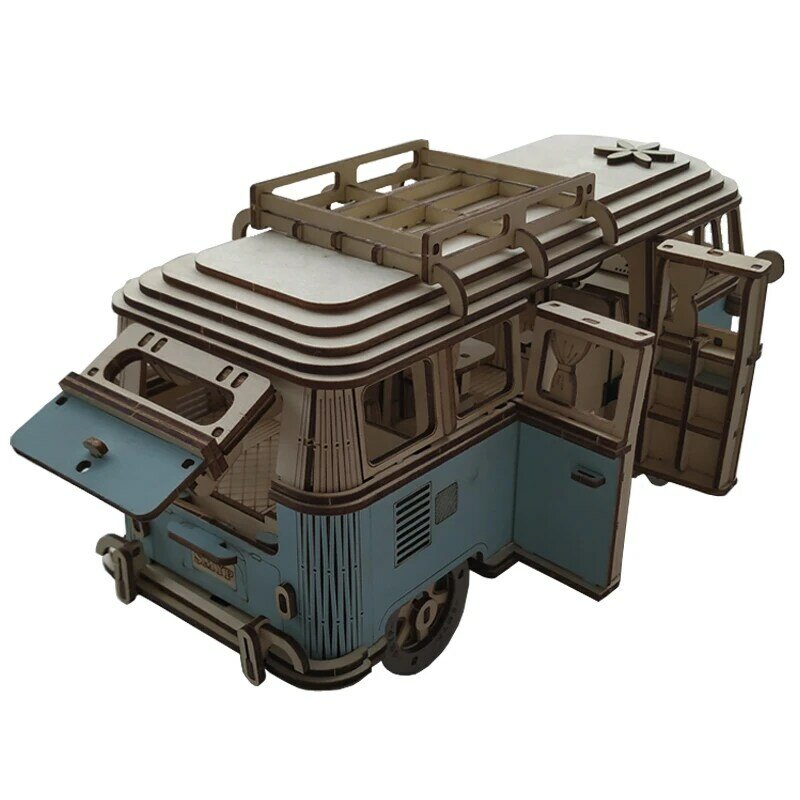Modelo de coche de ensamblaje Manual DIY, autobús Retro de madera, rompecabezas 3D, furgoneta Camper, juguetes educativos para niños, regalo, decoración de la habitación del hogar