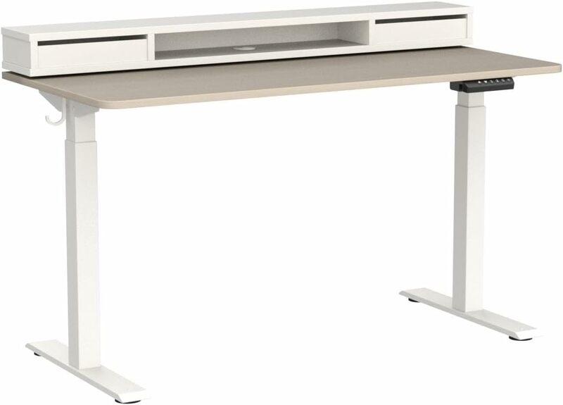 Escritorio de pie eléctrico con soporte para monitor, escritorio de altura ajustable con barra LED, 2 cajones, nogal claro, 55x26 pulgadas