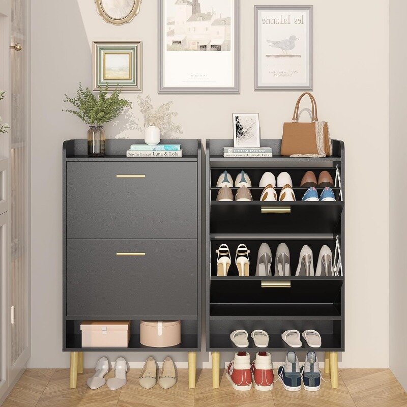 Шкаф для обуви для прихожей, шкаф для хранения обуви с 2 выдвижными ящиками, узкий шкаф для обуви с полкой для хранения и верхней полкой