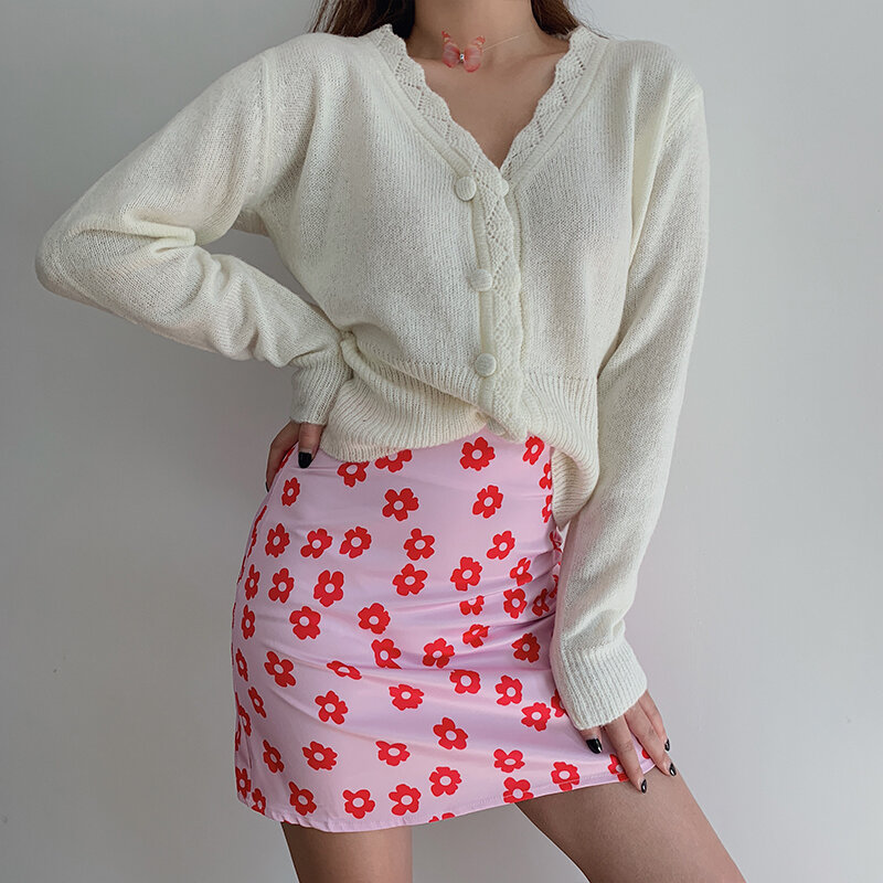 Korean Fashion Mini Skirt High Waisted Pink Skirt Summer Clothes Women 2024 Red Floral Y2k Fashion Print Satin Skirt Kawaii
