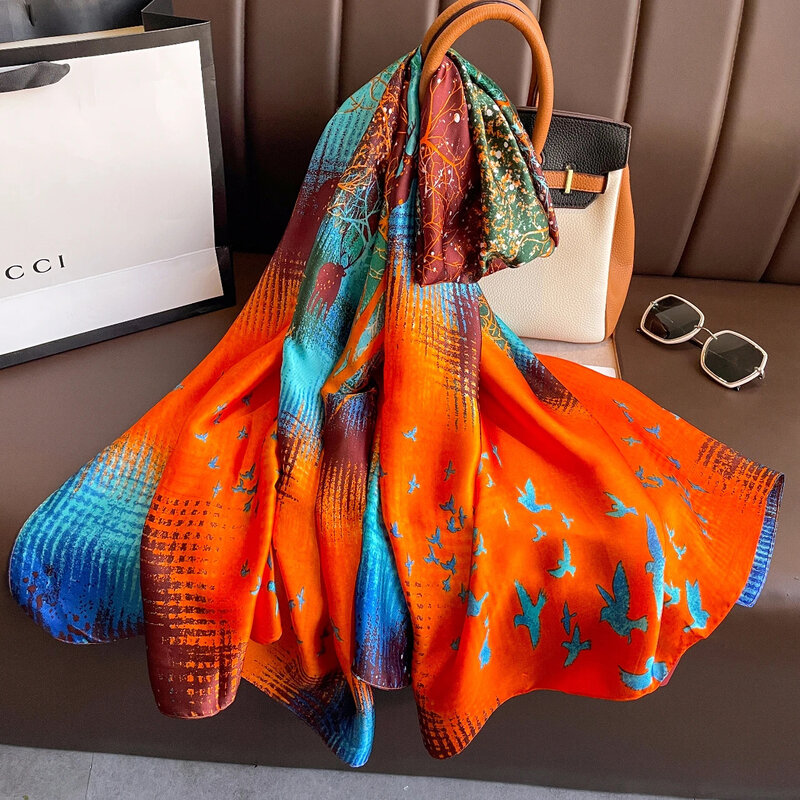 2023 kobiety jedwabny szalik zimowy luksusowy Design drukuj Lady plaża szal szale moda gładka Foulard kobieta hidżab