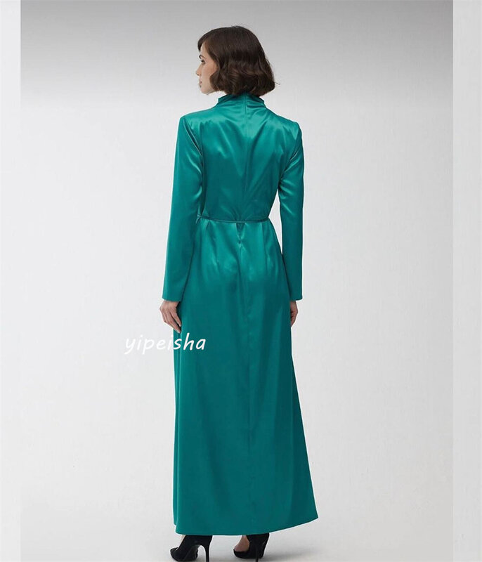Prom Dress Evening Saudi Arabia Satin Flower Ruched Evening A-line High Collar Bespoke Occasion Gown Midi Dresses