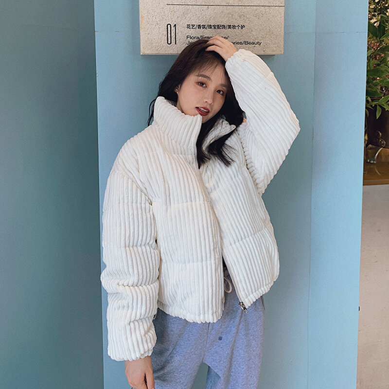 2023 New Winter Corduroy Short Jacket Women Korean Style Thick Zipper Cotton Parkas Woman Stand Collor Bubble Coats Warm Outwear