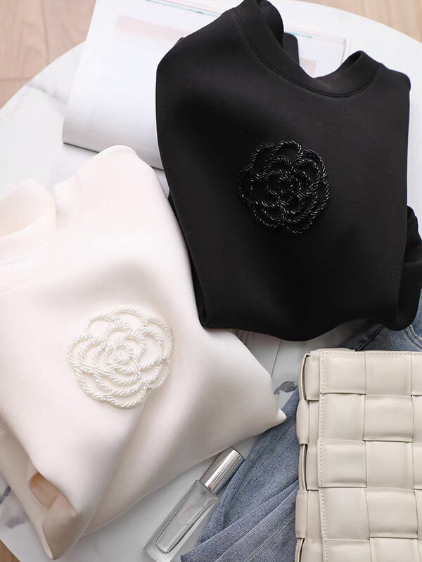 S-XXL Korean Fashion Black White Pullover O Neck Sweatshirt Patchwork Top Fall Winter Long Sleeve Kawaii Pulls Streetwear Casual