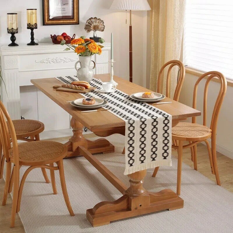 ผ้าปูโต๊ะผ้าคอตตอนแท้พิมพ์ลายทางแฟชั่นผ้าปูโต๊ะวิ่งสีดำคู่กับพู่แบบการตกแต่งบ้าน