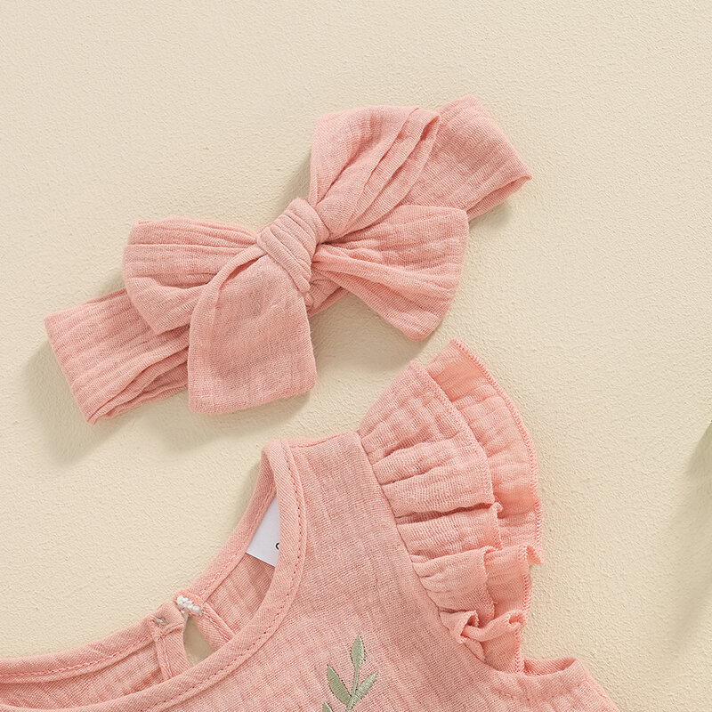 VISgogo Infant Girls Romper Flower Embroidery Flying Sleeve Round Neck Jumpsuit with Bow Headband 2 Pcs Summer Set