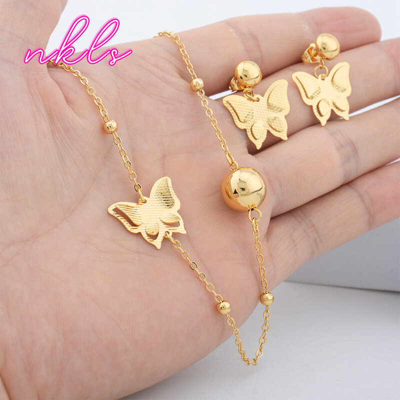 Dubai Fashion Long Chain Butterfly Necklace Set African Gold Color Jewelry Set Stud Earings Set Bride Jewelry For Women Gifts