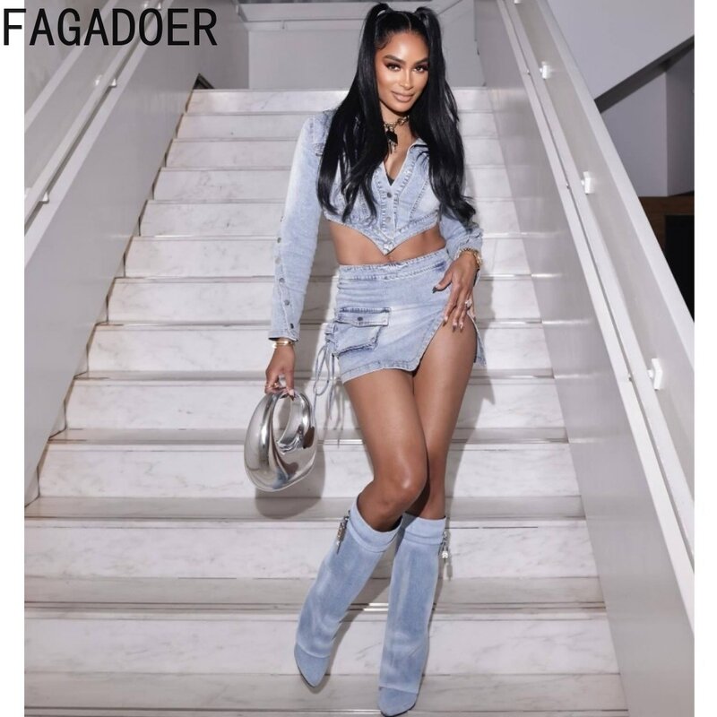 Fagadoer Mode Streetwear Frauen Denim Knopf Langarm unregelmäßige Crop Top und Mini Schlitz Rock Outfits weibliche Cowboy-Kleidung