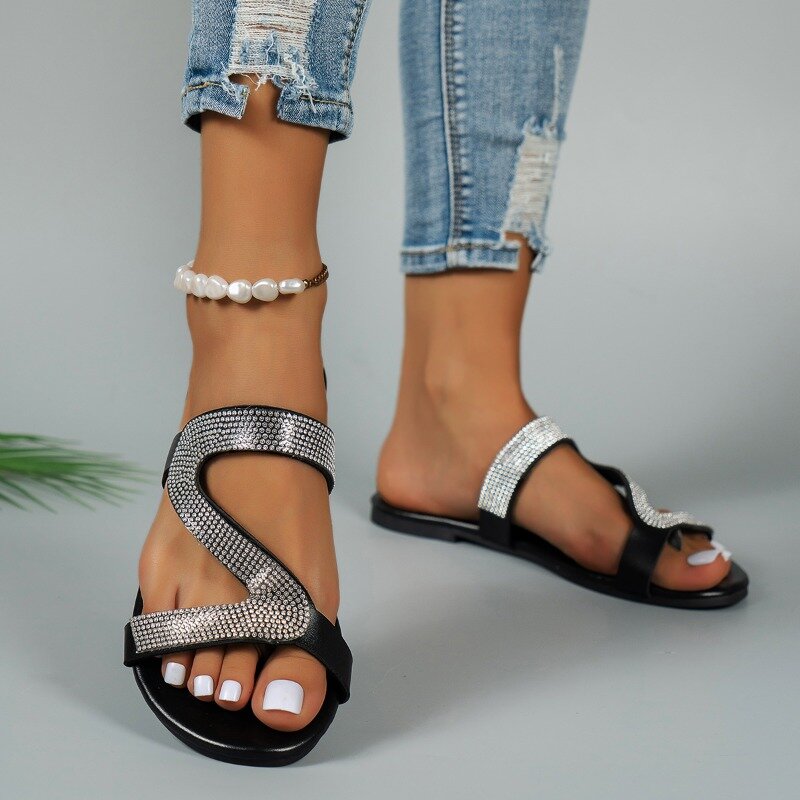 Sandalias planas antideslizantes para mujer, zapatillas de lujo con diamantes de imitación, para playa, al aire libre, boca baja, cómodas, novedad de verano