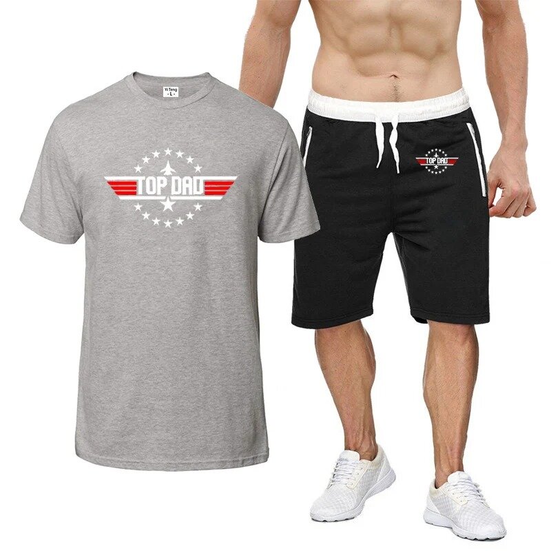 TOP DAD TOP GUN 남성용 반팔 캐주얼 티셔츠 및 반바지 투피스 세트, 편안한 8 색 인쇄, 여름 신상