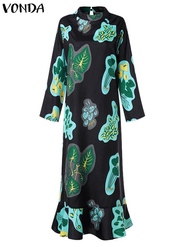  Summer Dress Women Maxi Dress Loose Vintage Floral Print Beach Sundress VONDA Casual Long Sleeve Bohemian Vestidos