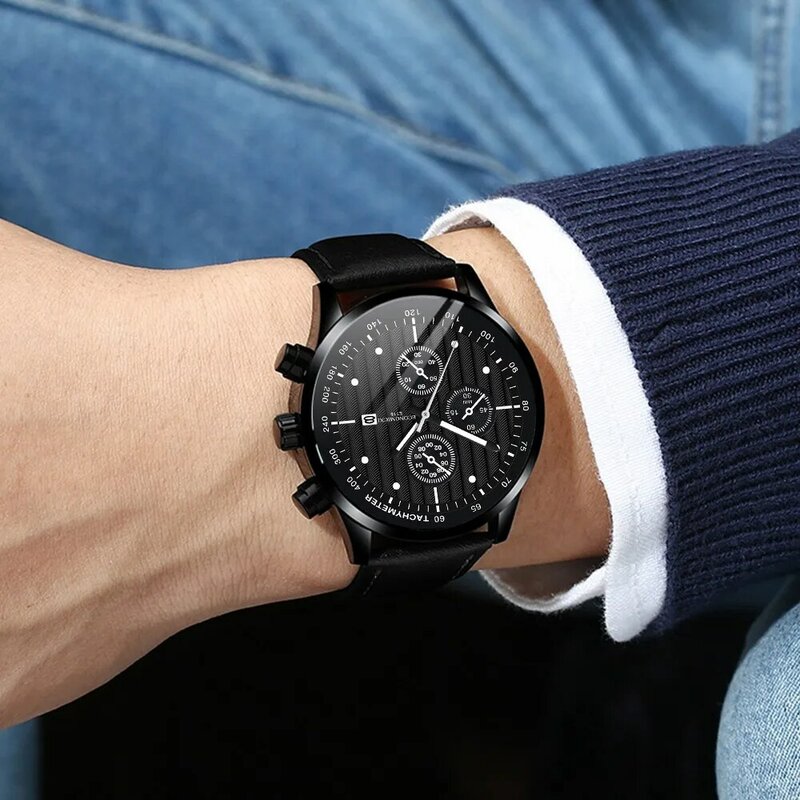 Luxury Men'S Watch Fashion Simple Diamonds Round Clock Leather Strap Temperament Dial Clock Waterproof Wristwatches 기계식 시계