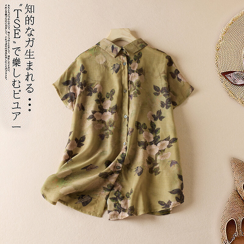 Blusa feminina com estampa vintage manga curta, camisa casual solta para férias na praia, tops bonitos femininos, moda verão, 2024