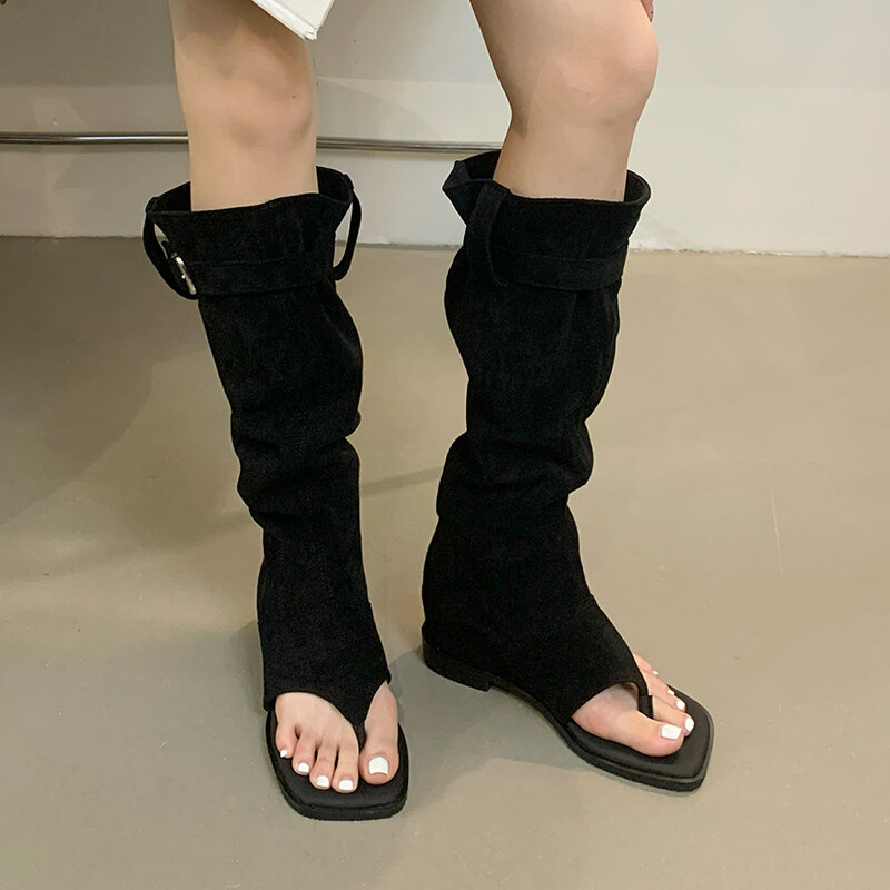 ZOOKERLIN botas longas femininas, sandálias de strass pontiagudas, sapatos baixos, tubo alto, verão