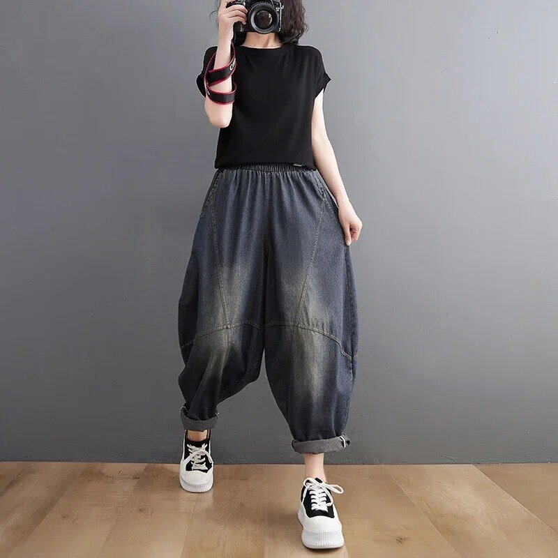 Женские свободные брюки с эластичным поясом, повседневные джинсовые брюки с карманами, модель S639 на весну и лето, 2024